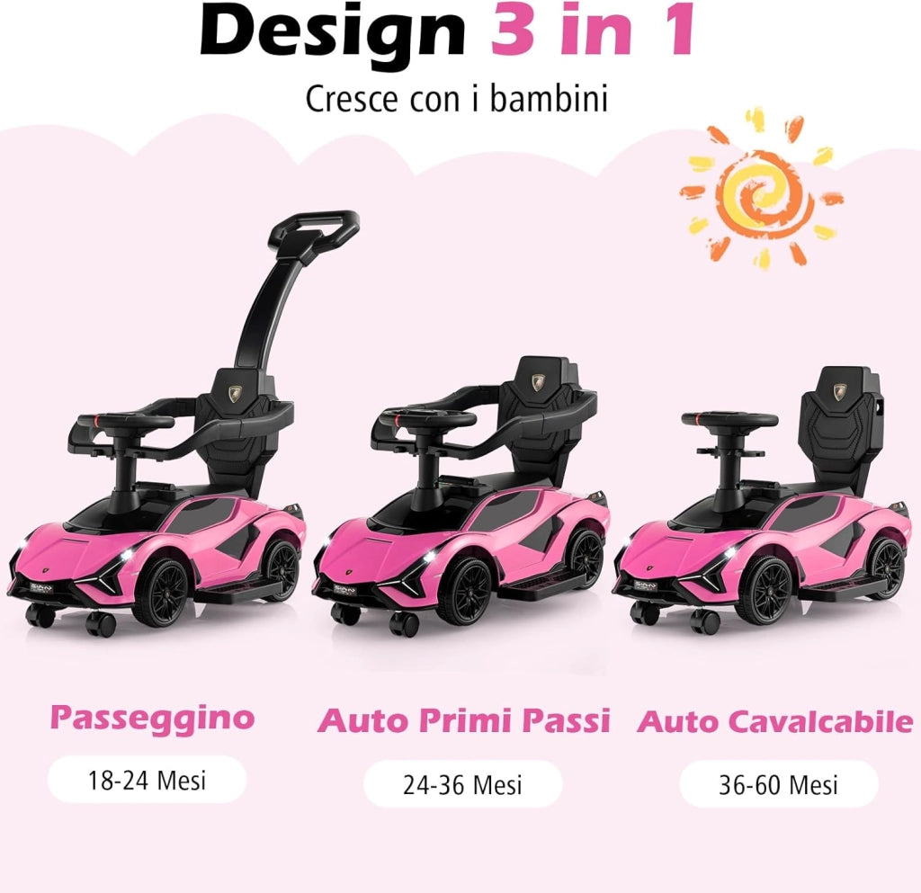 3 in 1 Auto da Spinta, Auto Scorrevole con Paracolpi e Manubrio Rimovibili Musica e Fari, Spazio di Stoccaggio Nascosto e Ruote Universali Staccabili, Bambini 18-24 Mesi (Rosa)