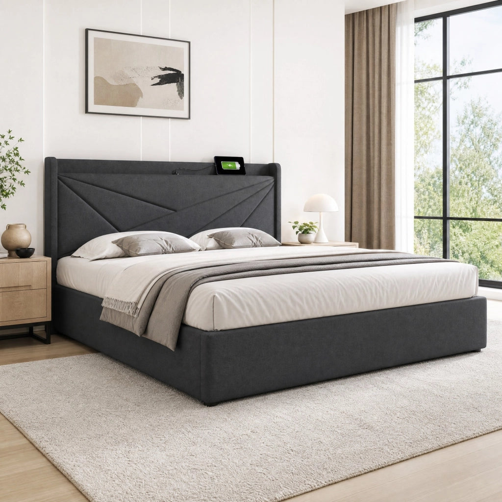 Letto matrimoniale contenitore 180x200 cm grigio con USB e USB-C