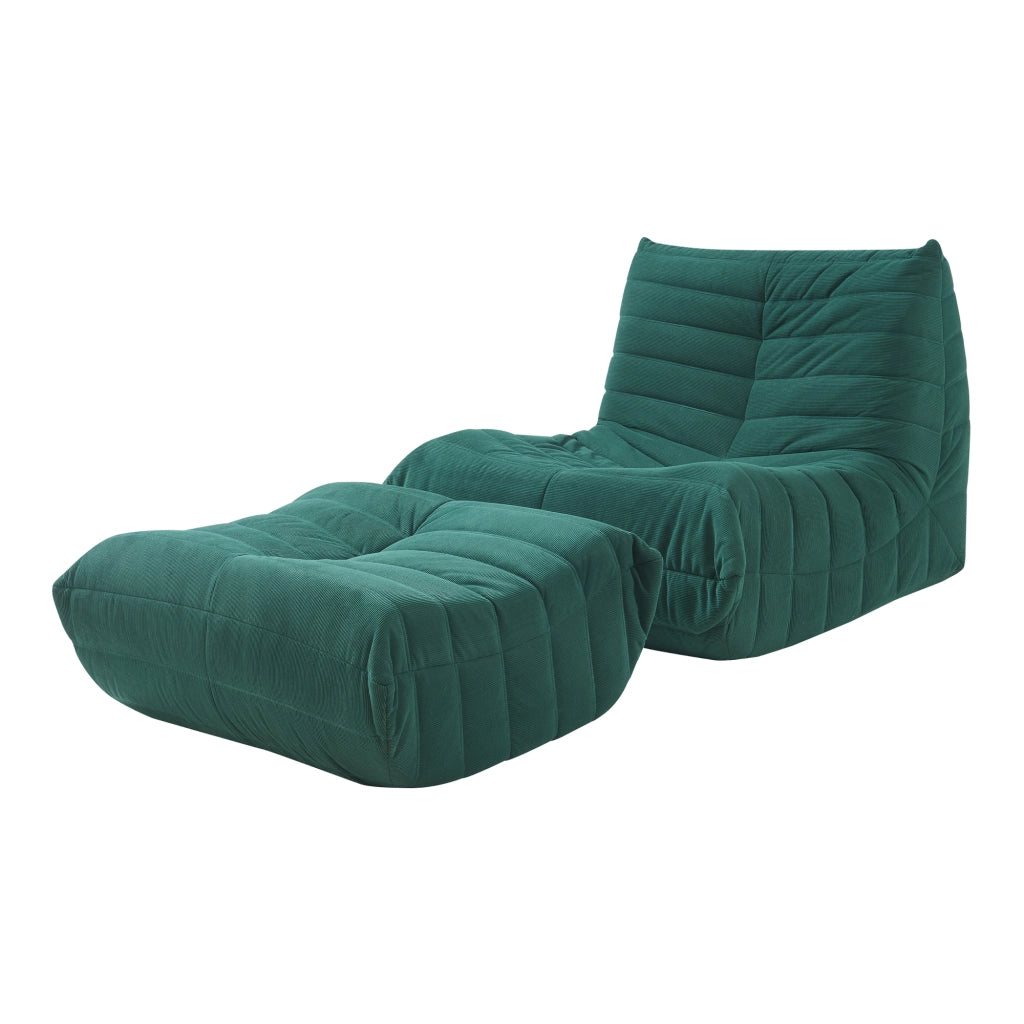 Set Kodsø di Poltrona Bassa e Pouf Poggiapiedi Imbottiti in Velluto a Coste - Verde [en.casa]
