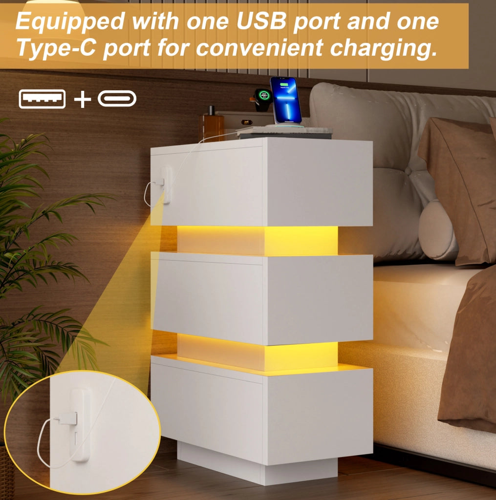 Set di 2 comodini stretti con 3 cassetti; USB e Type-C; LED; 20x40x59;5 cm; bianco