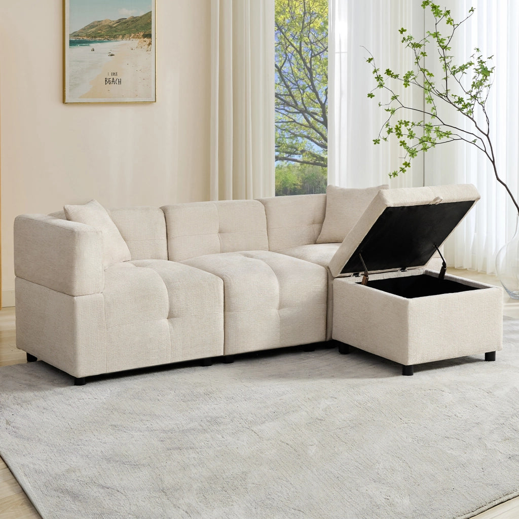 Divano ad Angolo Modulare 3 Posti con Vano Contenitore e Pouf Rimovibile con 2 Cuscini Struttura Stabile in Ciniglia Beige