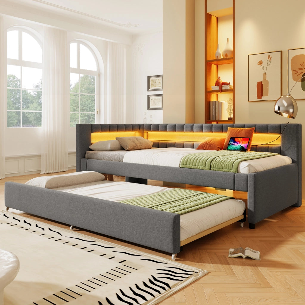 Divano letto pieghevole con LED e USB 90x200 cm colore grigio lino