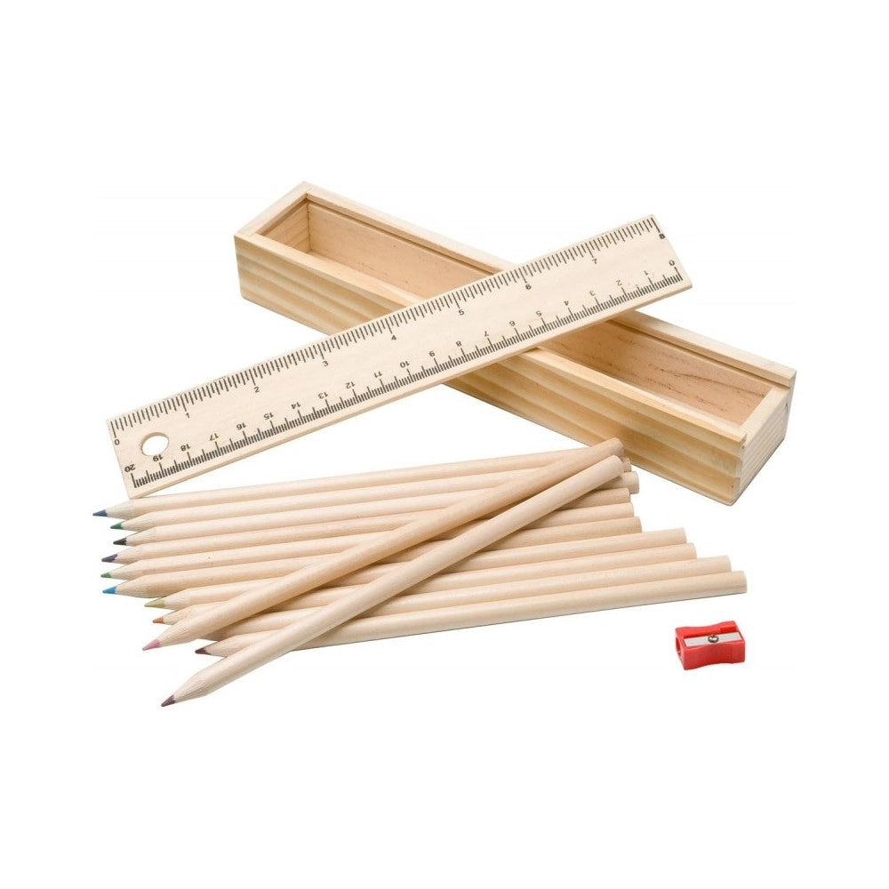 Trade Shop - Astuccio In Legno Con 12 Pastelli Colorati Temperino Righello Riga Portapastelli -