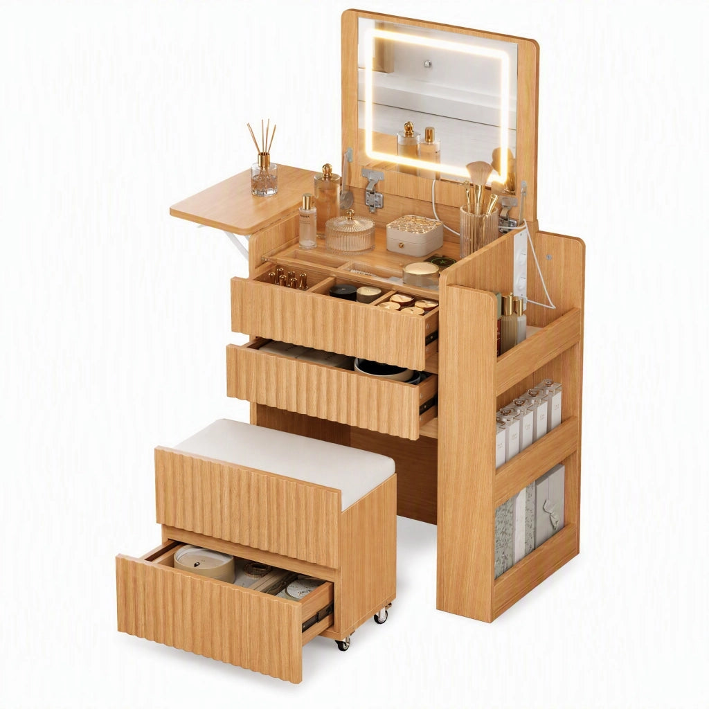 Toeletta compatta naturale con specchio LED, ricarica integrata e sgabello con ruote