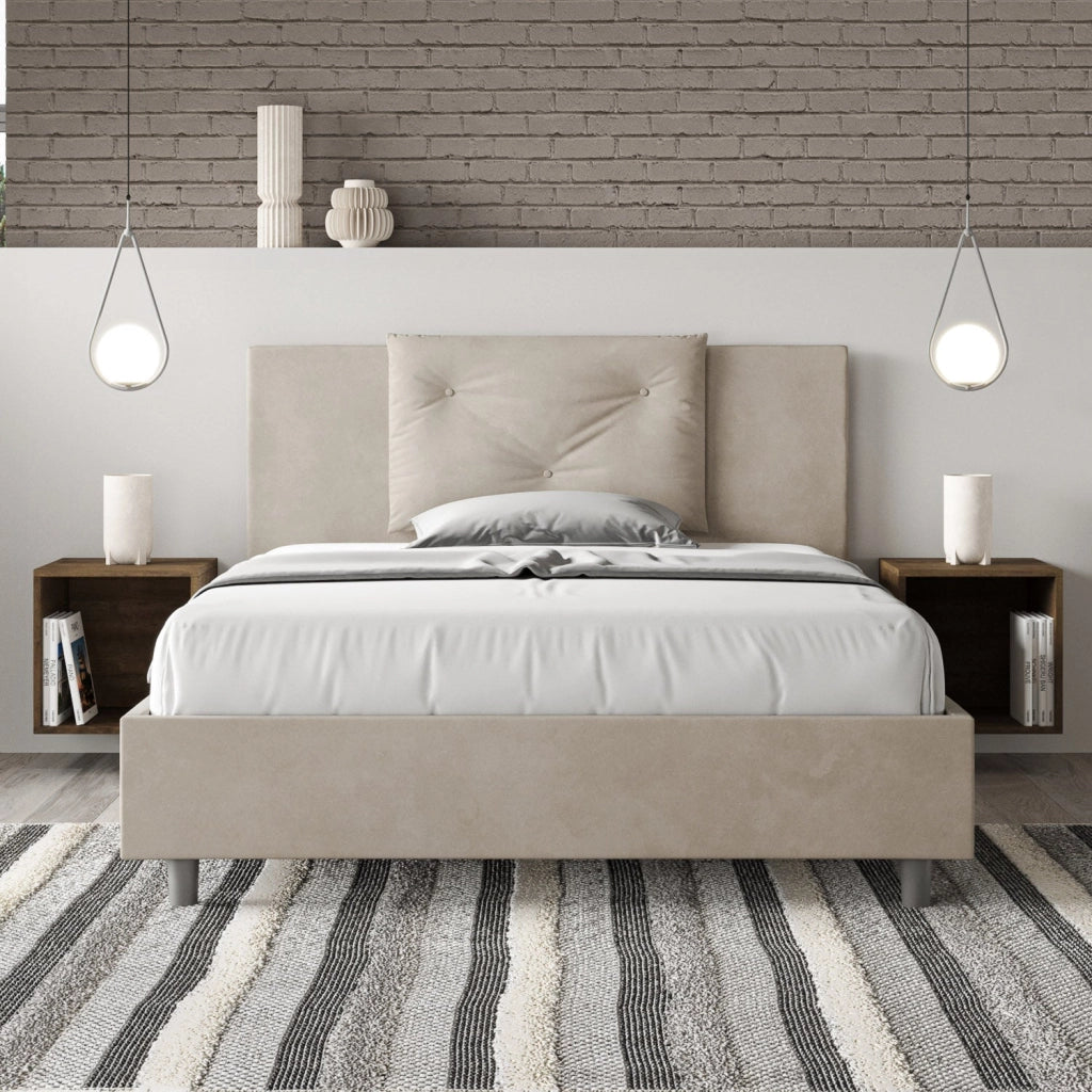 Letto matrimoniale francese senza rete imbottito 140x190 microfibra sabbia Appia