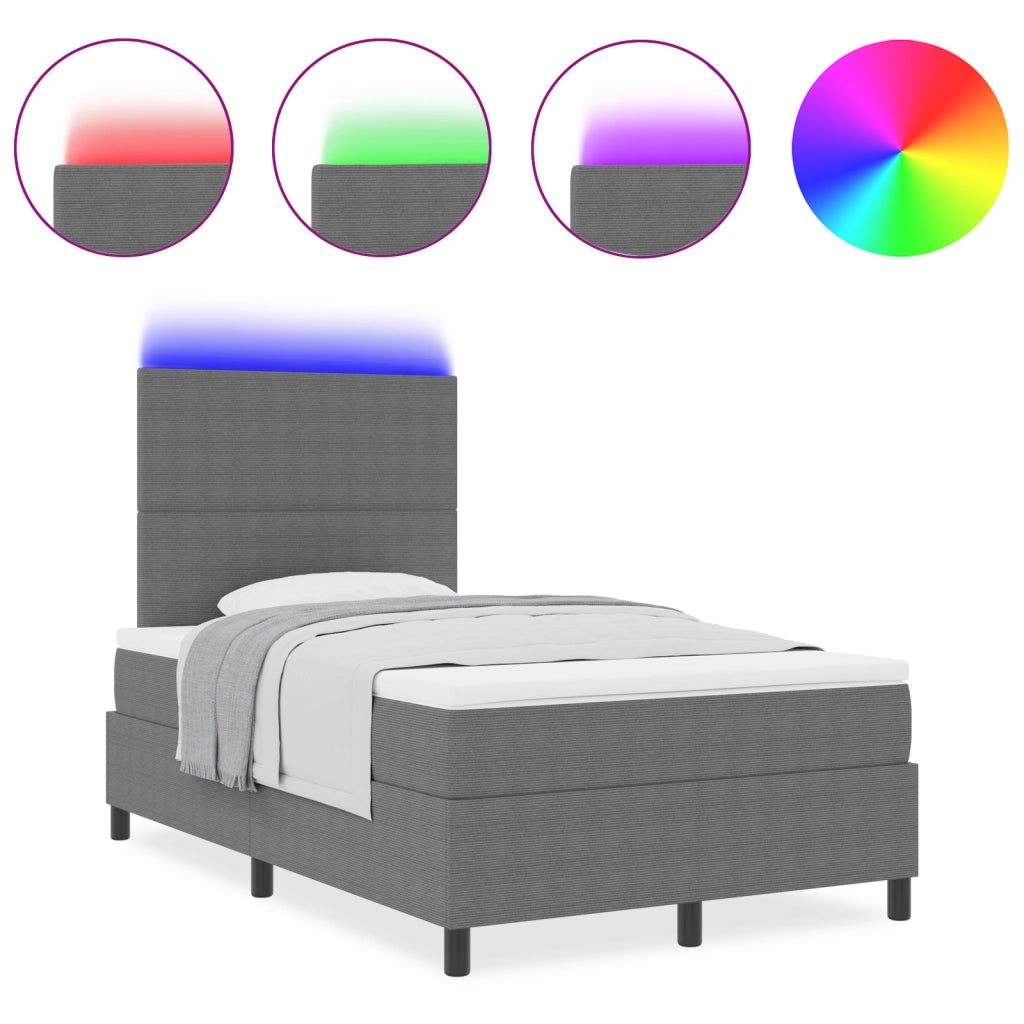 Letto Box Spring con Materasso & LED Grigio 120x200 cm Tessuto Corduroy