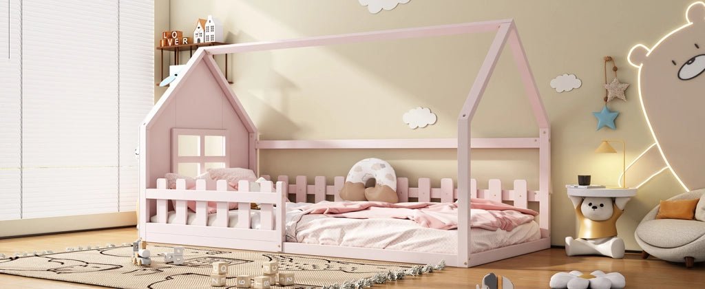 DESMIU Letto per bambini 1 posto con design a casetta, 90 × 200 cm, senza materasso, in pino e MDF, rosa