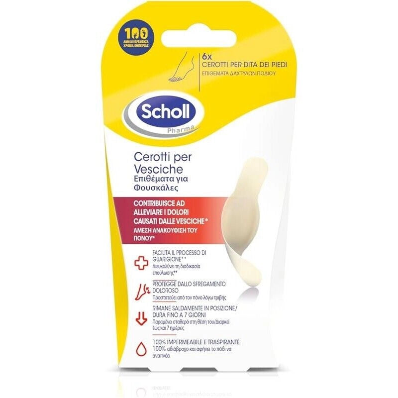 SCHOLL CEROTTI PER LE VESCICHE AD ALTO POTERE ADESIVO RESISTENTI ALL'ACQUA PACK 6 CEROTTI PER LE DITA DEI PIEDI