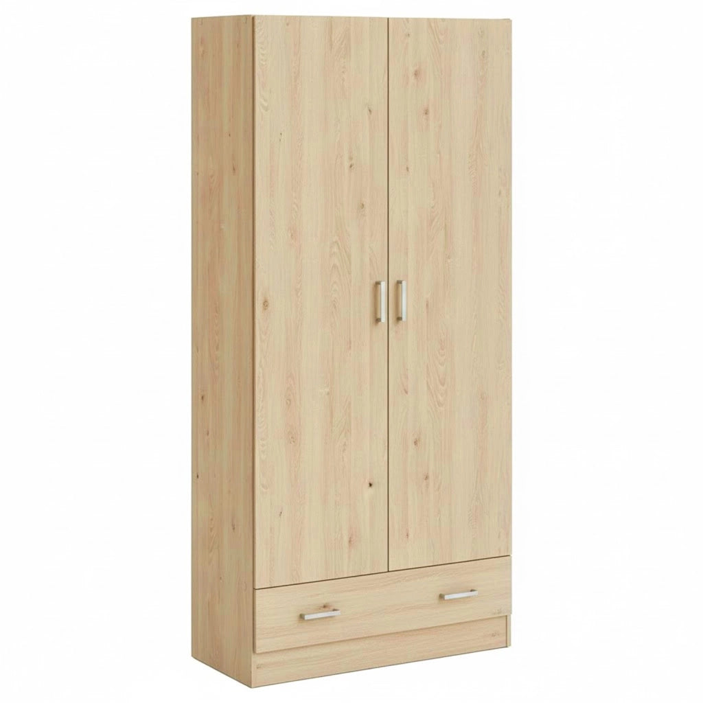 Armadio Design Moderno Con 2 Ante E 1 Cassetto Multiuso Salvaspazio Con Ripiani Interni E Vano Contenitore Per Camera Da Letto O Ingresso Rovere