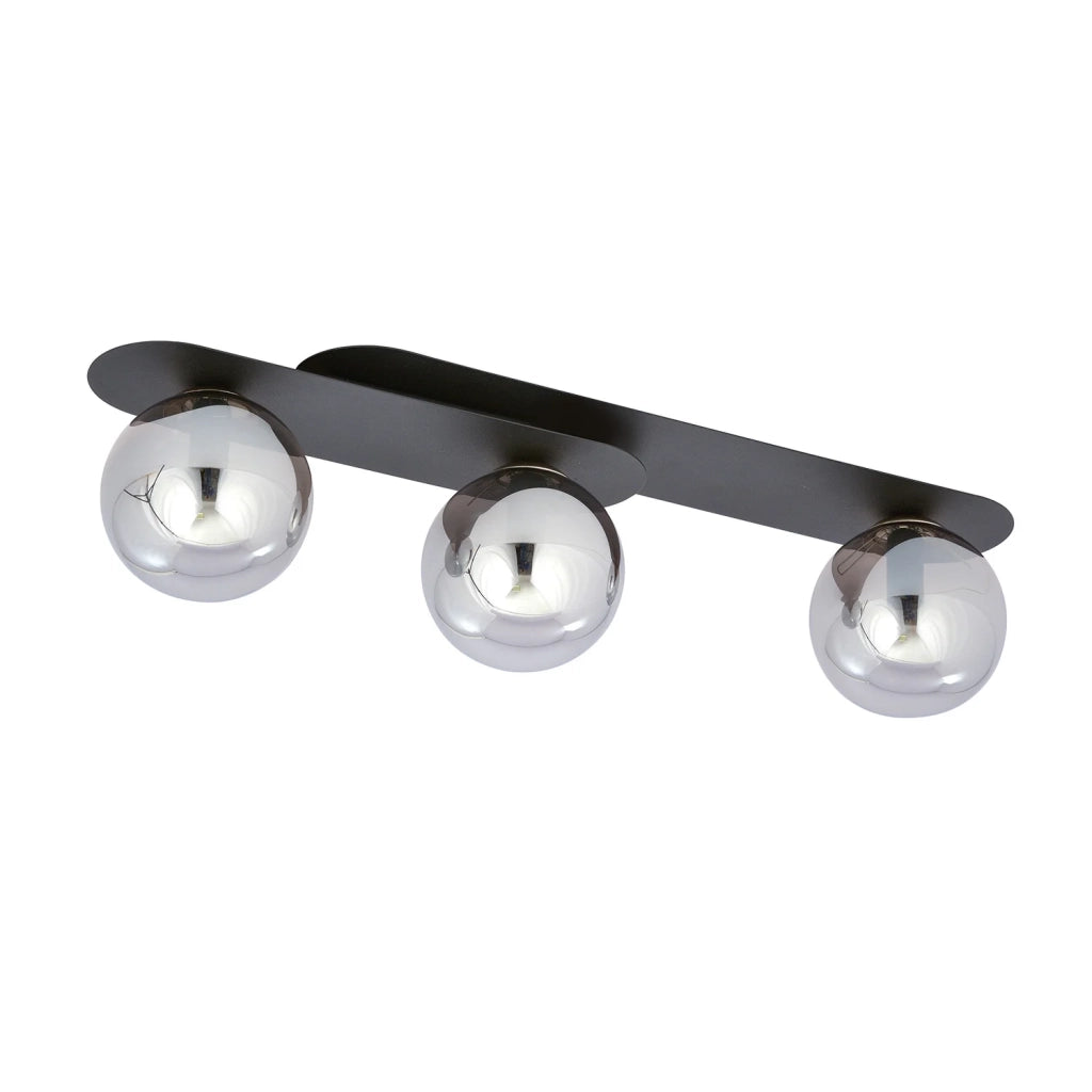 Plafoniera Minimal 3 Luci Teia In Acciaio Nero E Sfere Vetro Fumè