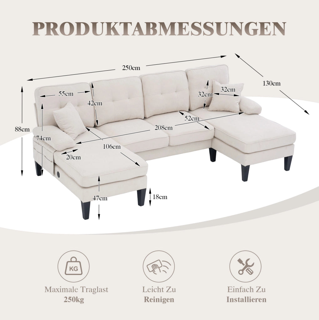 Divano a U a 4 posti con due chaise longue; tessuto in lino beige; 250x130x88 cm