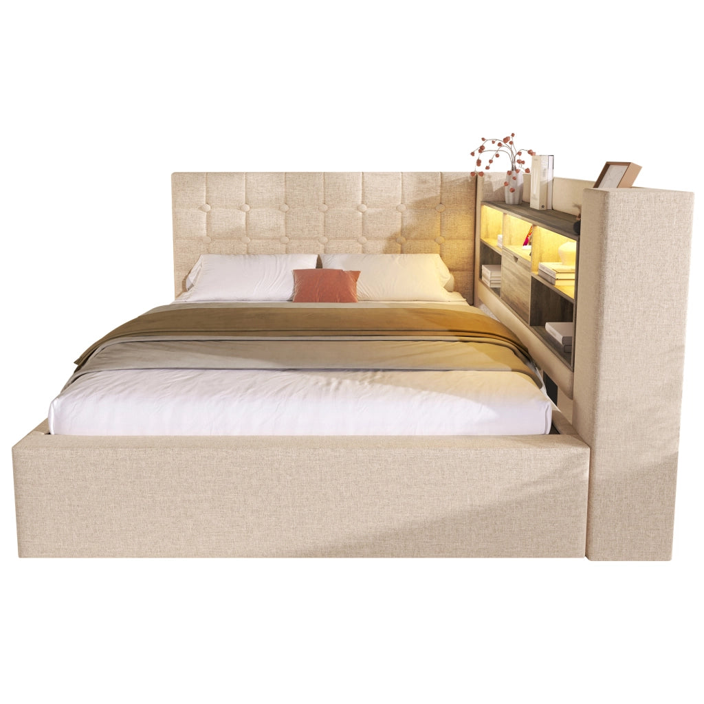 Letto Imbottito Contenitore 140x190 con LED e Testiera ¨C MINIMAL ¨C Tessuto Beige, Idraulico