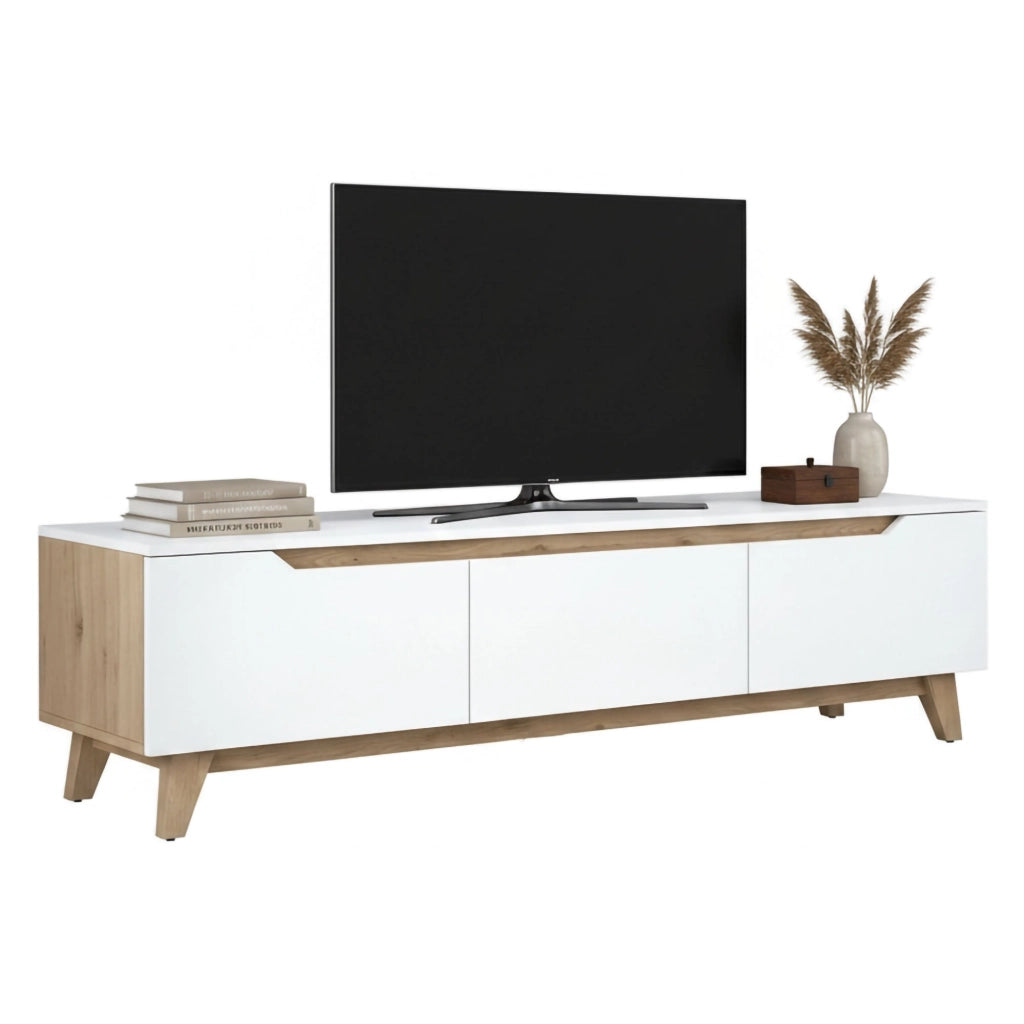 Mobile porta TV Apatite, Credenza da soggiorno, Armadio basso per TV, Base parete attrezzata, 180x35h49 cm, Bianco e Rovere