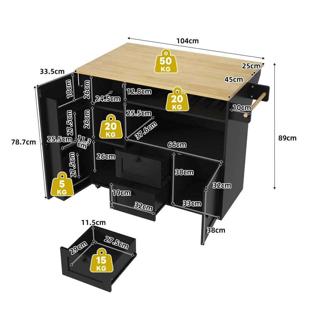 Carrello isola da cucina pieghevole 104x45(69)x89 cm in MDF naturale e nero