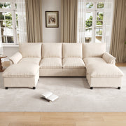 Divano angolare modulare a U 5 posti con pouf mobili, schienale alto, ciniglia, Beige, 264.5 × 142.5 × 84 cm