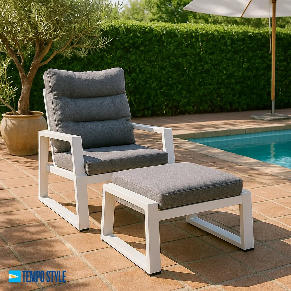 Tempo Style - Pouf MIKONOS in alluminio bianco/grigio | Resistente alle intemperie | Con morbido cuscino sfoderabile | Per ambienti esterni come giardino, balcone, terrazza