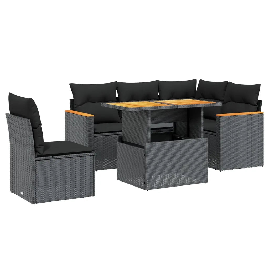 Set Divano da Giardino 6 pz con Cuscini Nero in Polyrattan