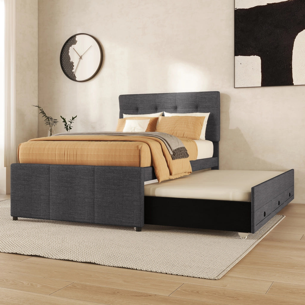 LETTO imbottito estraibile 90x200 cm grigio in lino con 3 cassetti