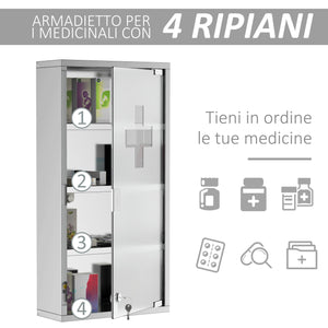 Armadietto per Medicinali Quattro Ripiani in Acciaio Inox 30x12x60 cm