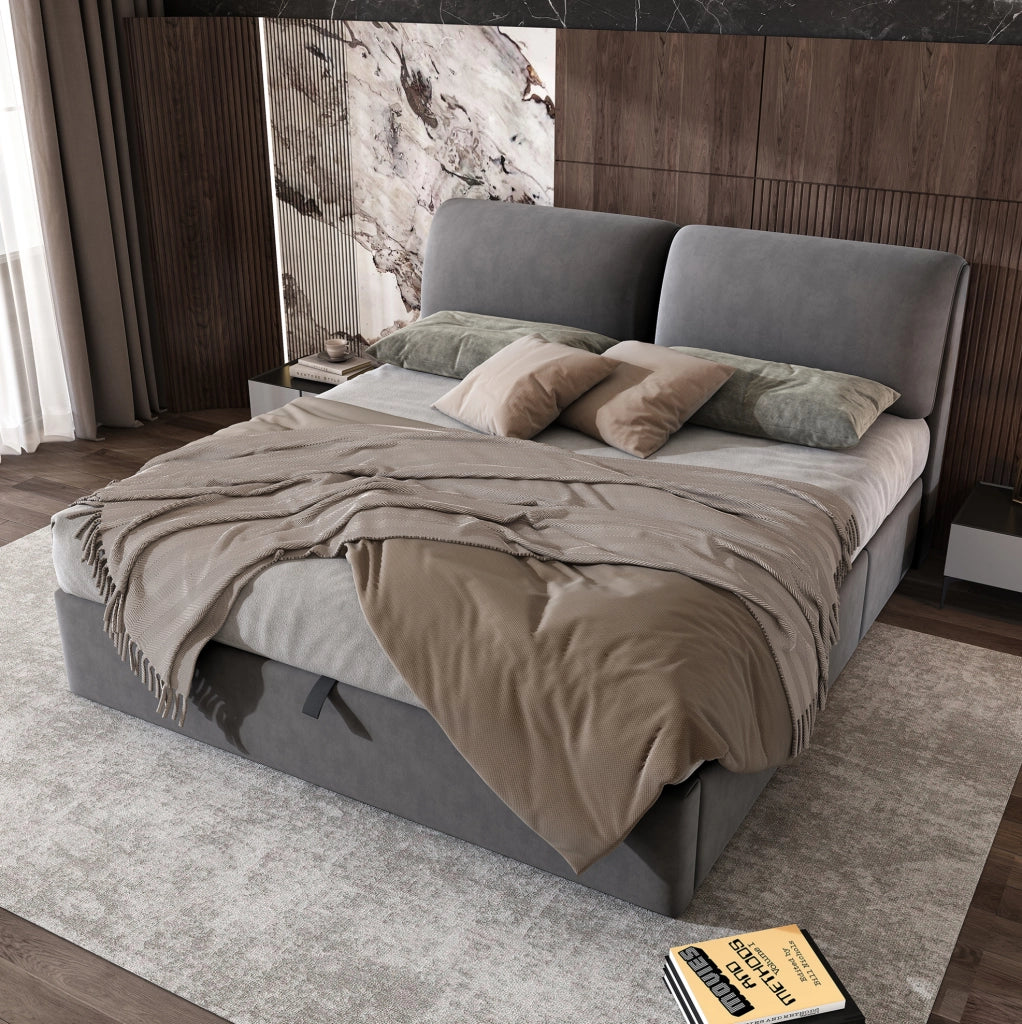 Letto con contenitore 160x200 cm; 3 cassetti; in velluto grigio