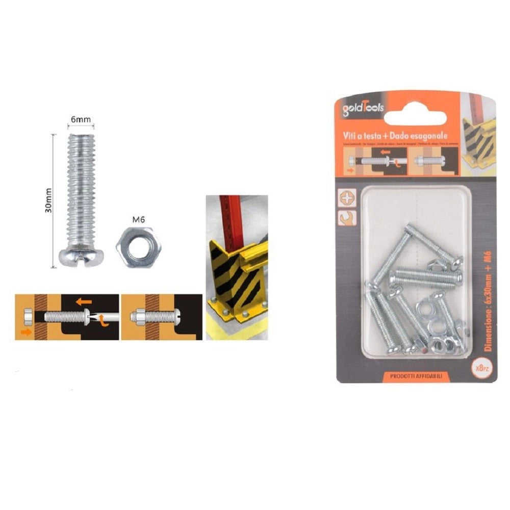 Trade Shop - Set 8pz Viti Vite Testa A Croce Tonda 6 X 30mm Con Dadi Dado Esagonale M6 90978 -