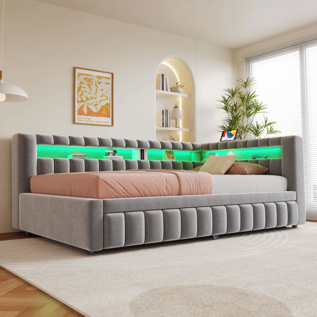 Letto imbottito estraibile 90x200 cm con LED, porte USB e Type-C, velluto grigio chiaro