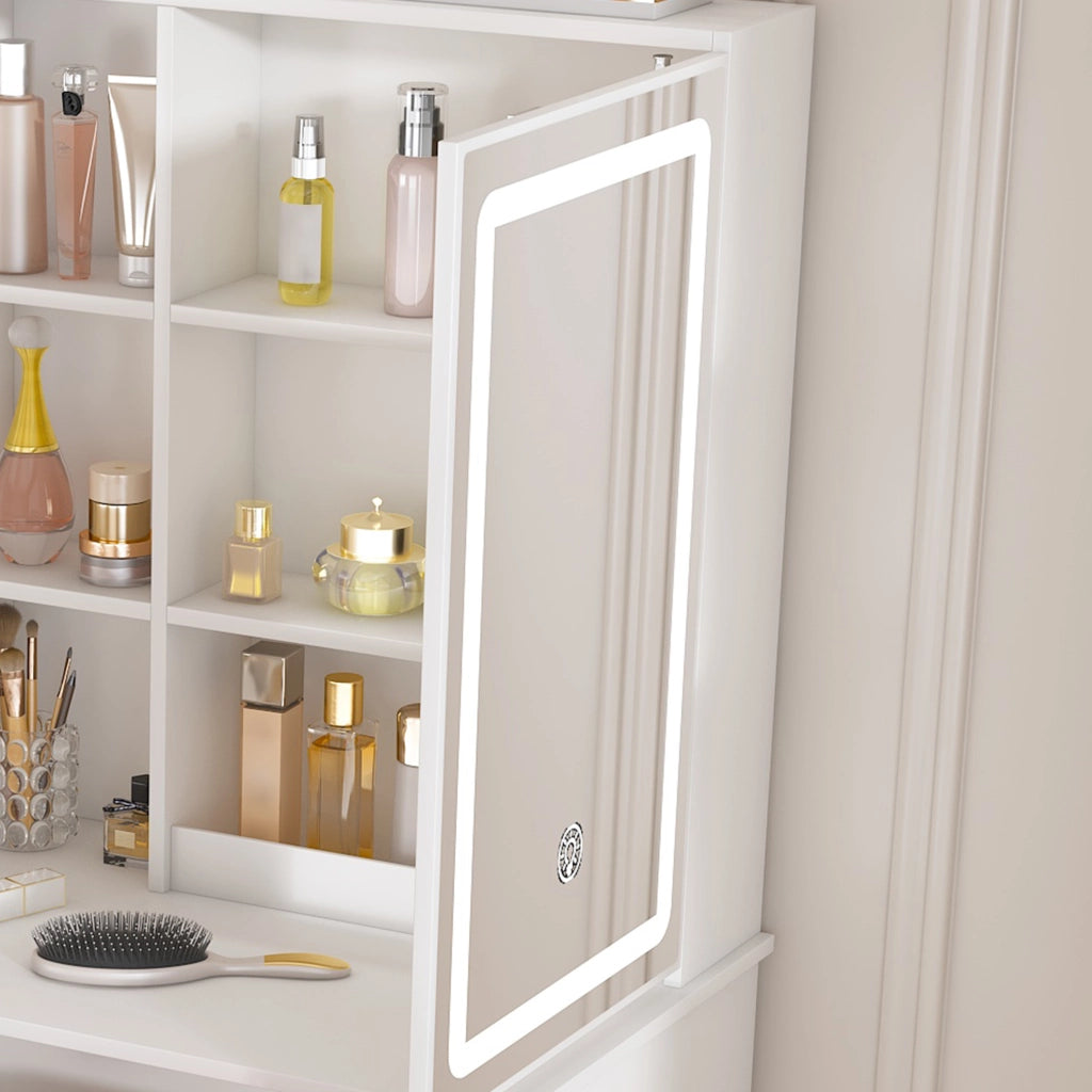Toeletta moderna salvaspazio con specchio LED dimmerabile e sgabello imbottito in MDF bianco