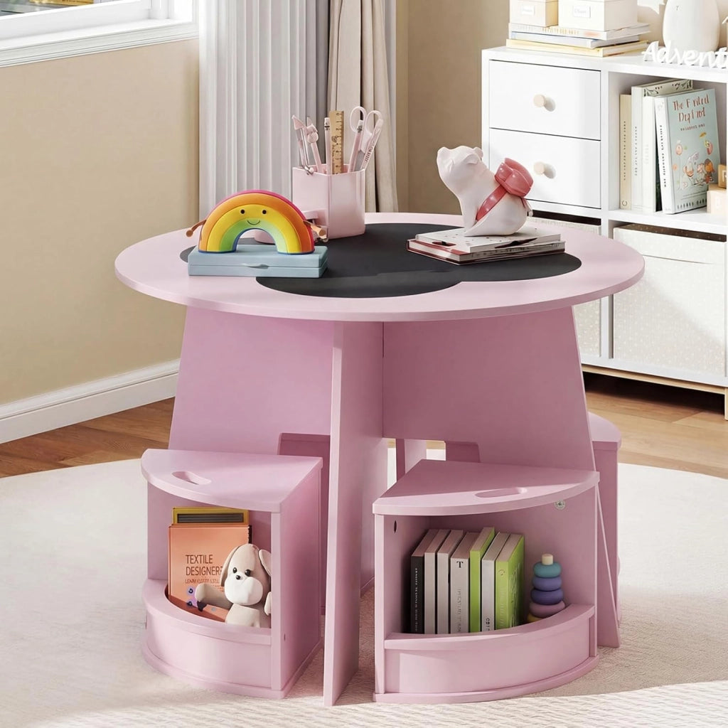 2 in 1 Set Tavolo e 4 Sedie per Bambini 3+ Anni, Set Tavolo Rotondo e Sedie con Portaoggetti, Tavolino in Legno Salvaspazio per Cameretta Ragazzi e Asilo Nido (Rosa)