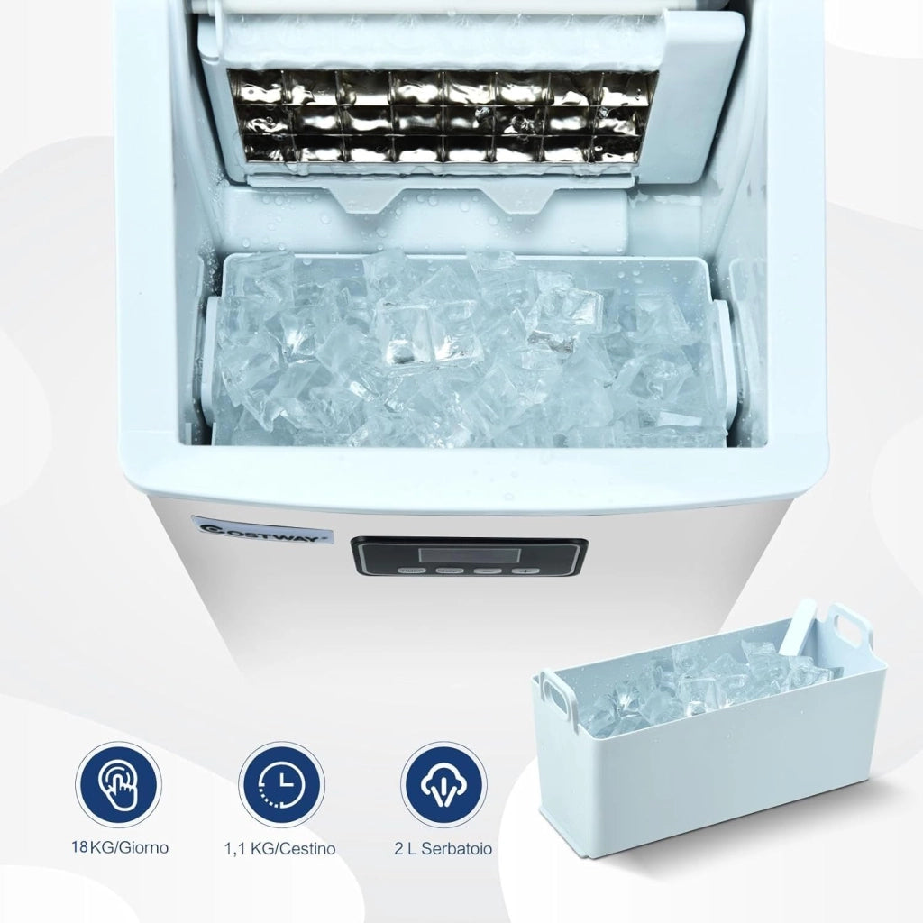 Macchina del Ghiaccio in Acciaio Inox, Macchina del Ghiaccio Elettrica con Paletta e Castello, Produzione 18kg/24H, Ideale per Casa e Ufficio