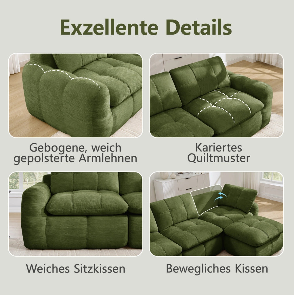Divano modulare angolare 3 posti con pouf 264x160x68 cm in chenille verde