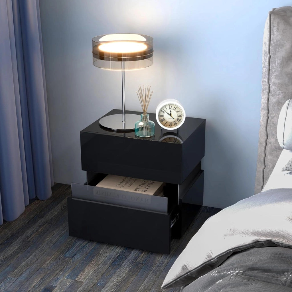 Tavolino comodino a LED con cassetti e telecomando, Comodino con 22 modalit¨¤ di luce, 10 velocit¨¤ e 5 luminosit¨¤ Nero