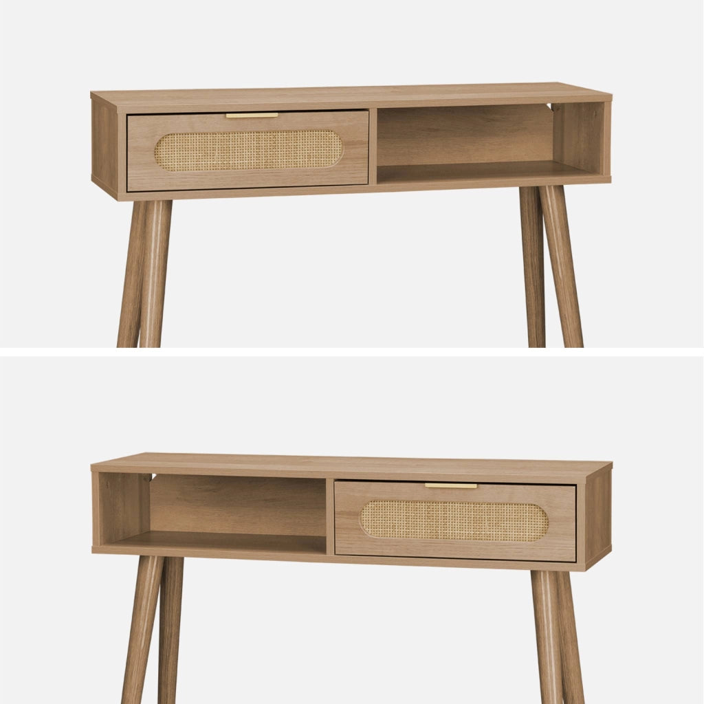 Consolle scandinava in canna e legno, 100cm, marrone naturale