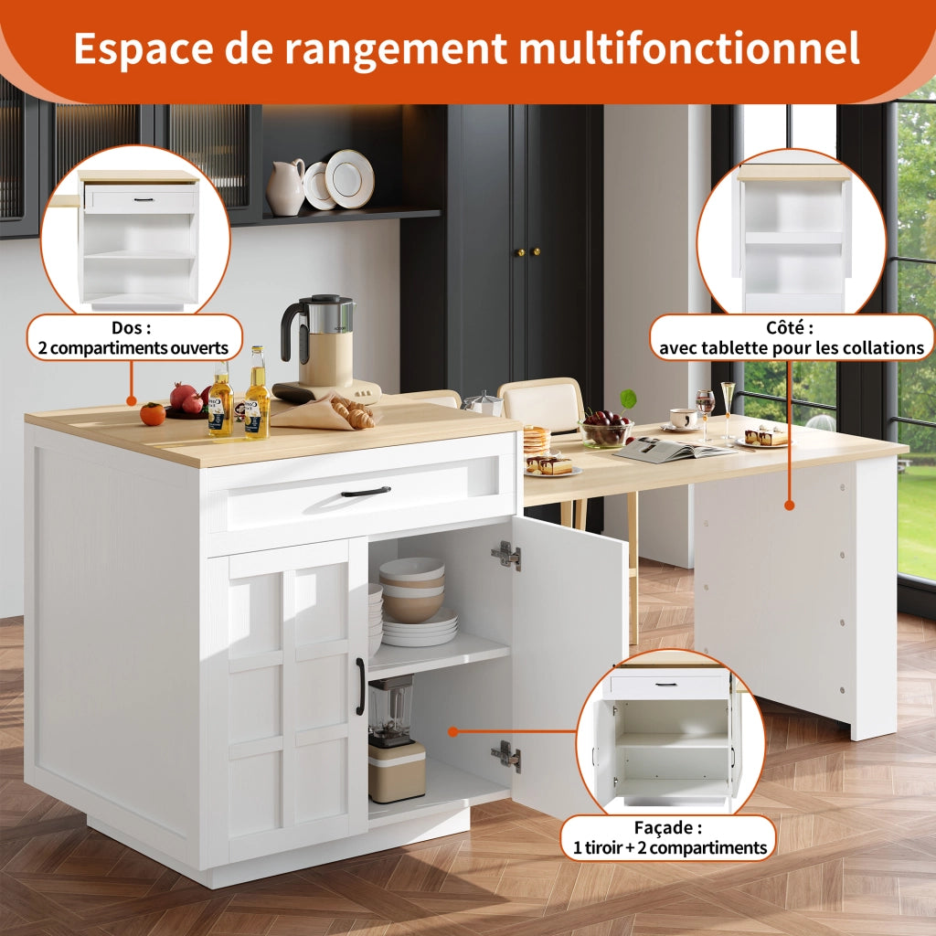 OKWISH Tavolo Bar da Cucina con Contenitore, Piano Allungabile, 1 Cassetto e Vani Aperti, per Cucina, Bianco