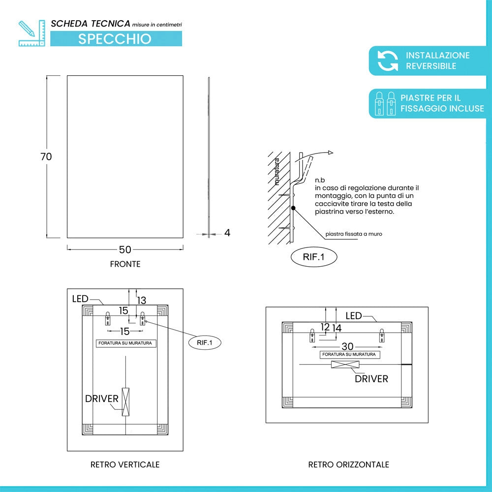 Specchio bagno retroilluminato 50x70 reversibile con  luce naturale 4500K