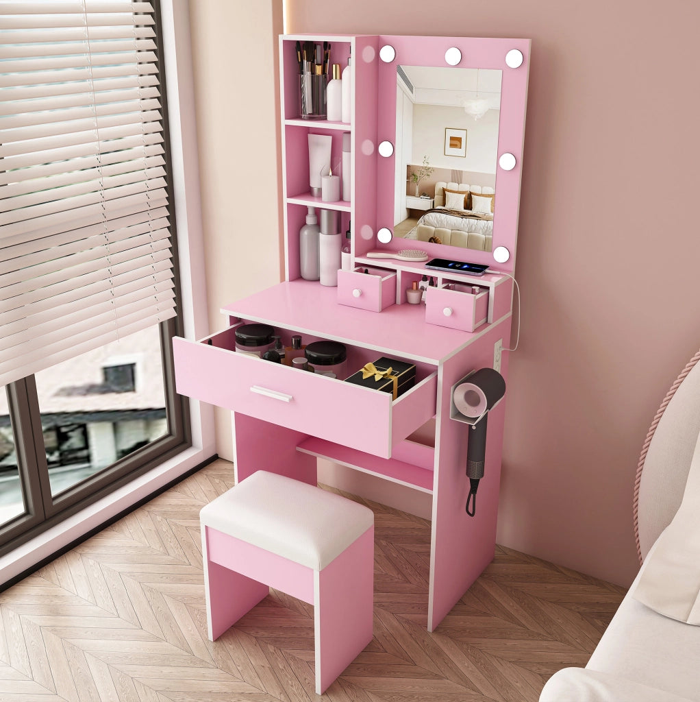 Tavolo da trucco con specchio LED a 3 tonalità; presa e supporto phon; rosa; 60 x 38 x 131;5 cm