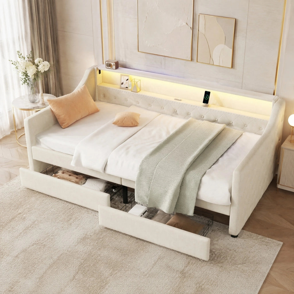 Divano letto 90x200 cm in lino beige con LED, USB e 2 cassetti