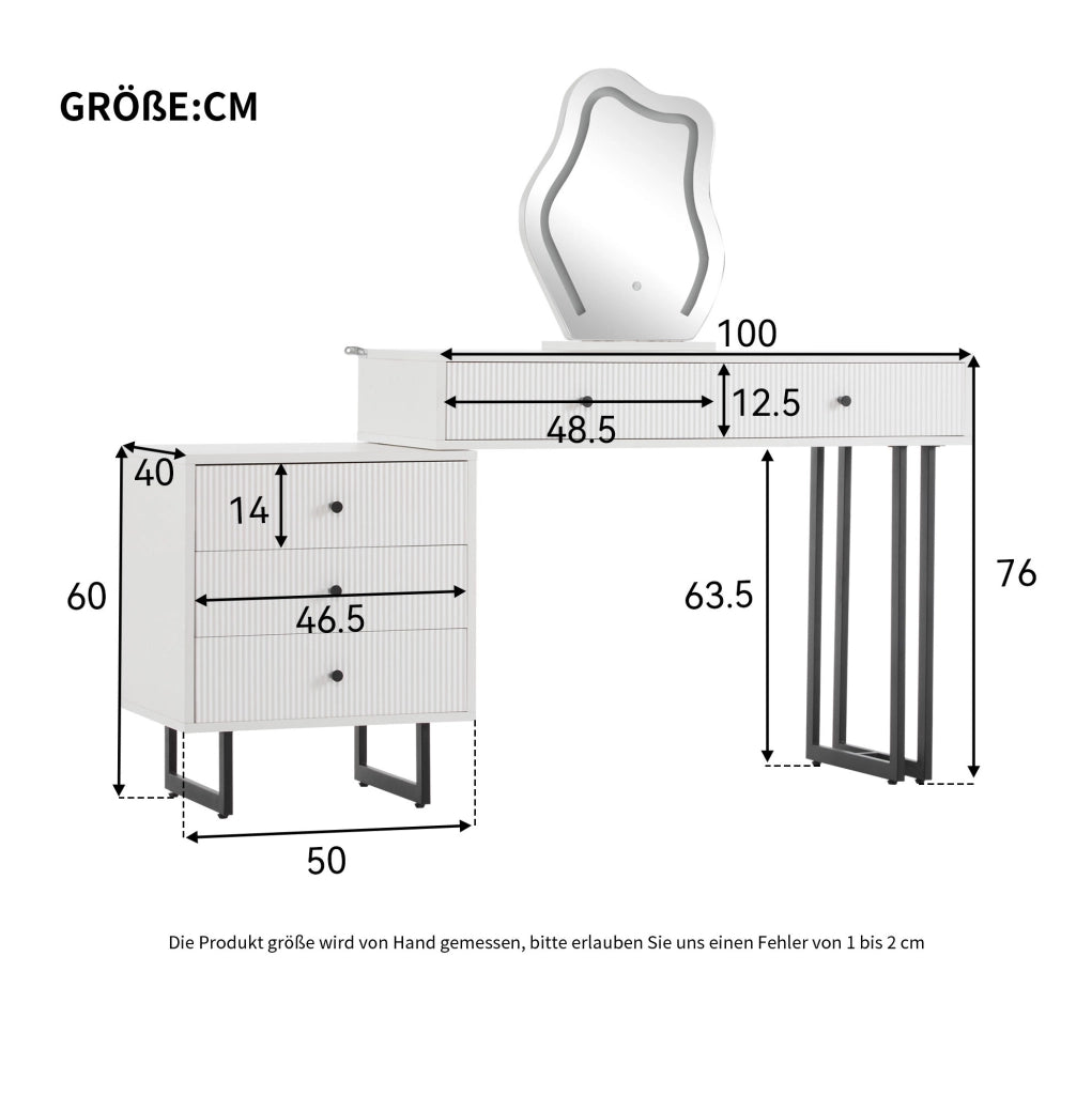 Tavolo da trucco con specchio LED dimmerabile; 100x40x76 cm; bianco