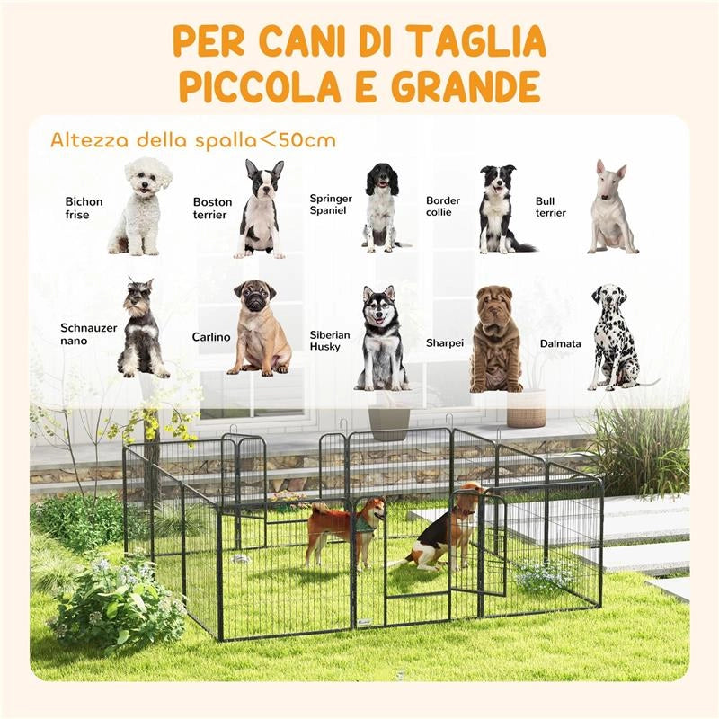 RECINTO PER CANI A 12 PANNELLI MODULABILI DA 80X1.5X80 CM, PIEGHEVOLE CON PORTA IN ACCIAIO, 12 PICCHETTI, GRIGIO