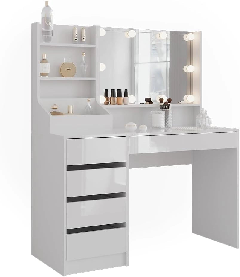 Tavolo da toeletta Sherry, Bianco/bianco lucido, 119.8 cm 4 parti