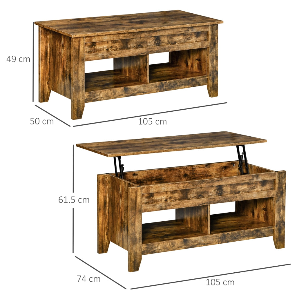 EasyComfort Tavolino da Salotto in Stile Industriale con Vano Contenitore e Piano Sollevabile in Legno, 105x50x49cm, Marrone Rustico
