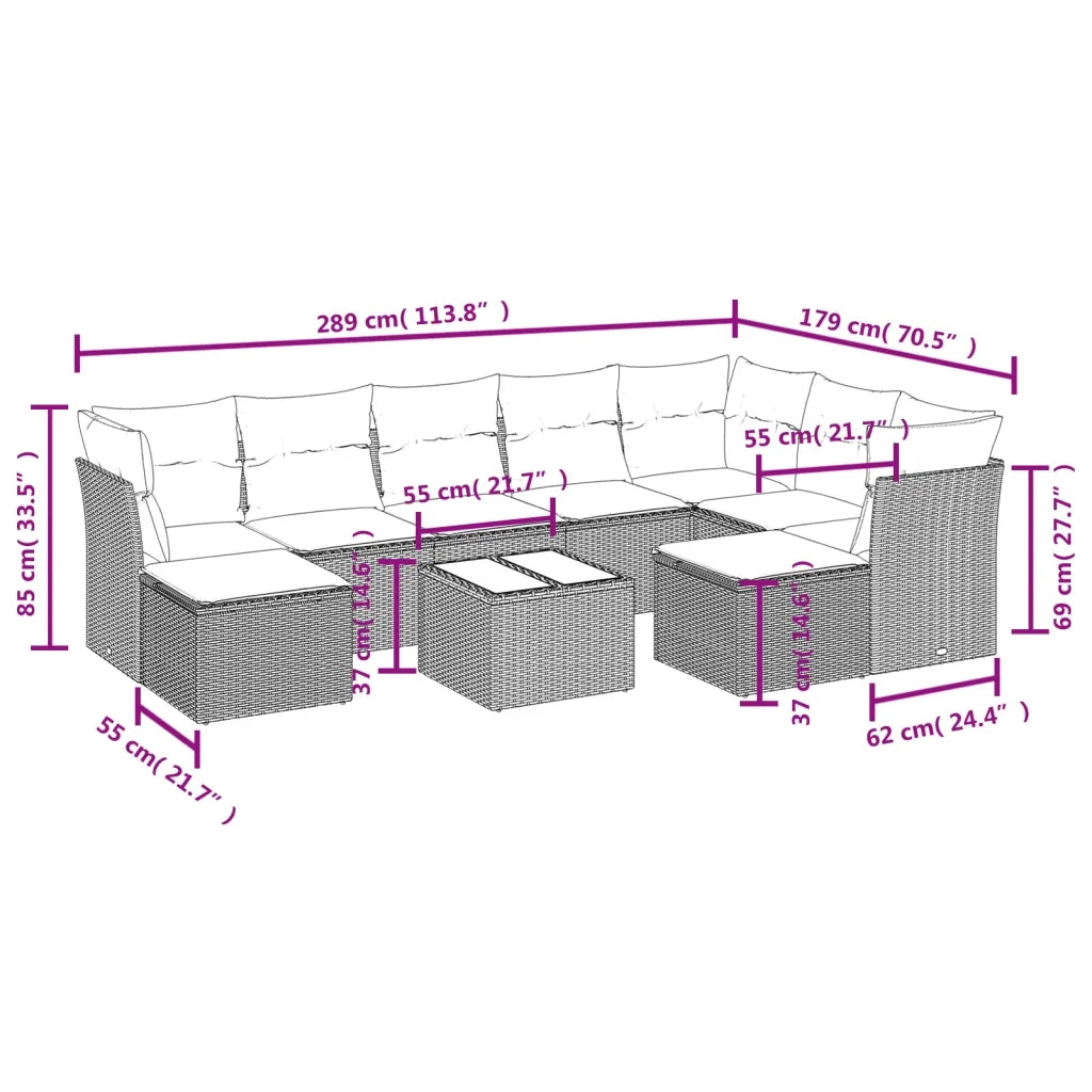 Set Divani da Giardino 10pz con Cuscini in Polyrattan Nero