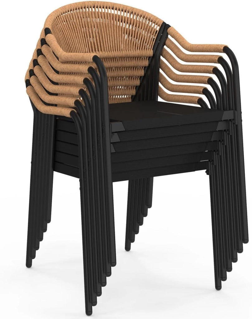 Set di 6 sedie da giardino Madeira in metallo, corda e textilene nero e rattan chiaro