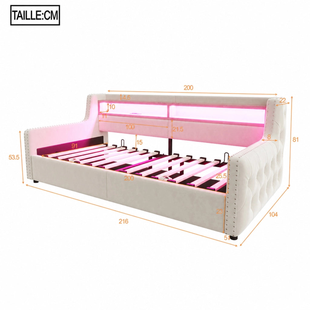 DESMIU Divano Letto 90 × 200 cm 1 posto con contenitore idraulico, LED, USB, Type-C, senza materasso, beige