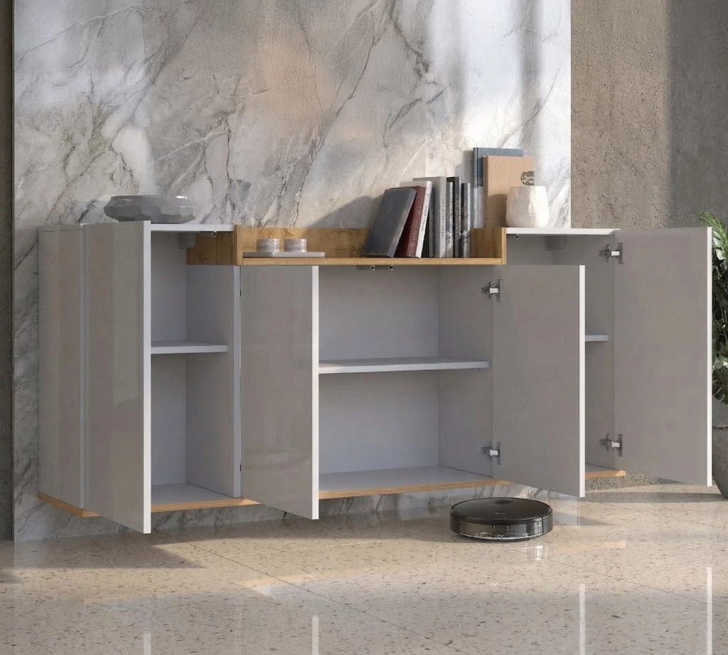 Madia Swink, Credenza 6 Ripiani Made in Italy, 160x35x70h cm Bianco Lucido