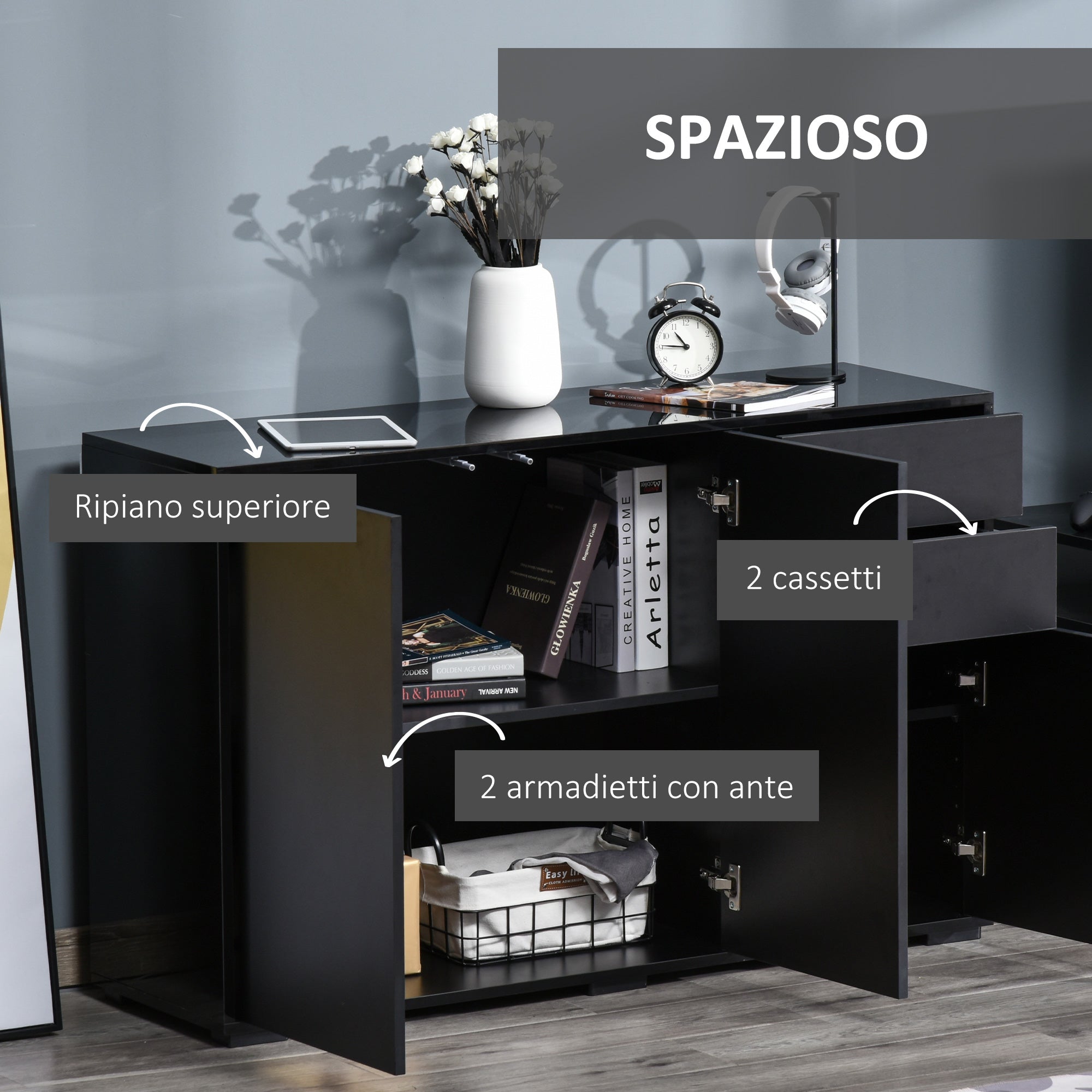 Easycomfort Mobiletto Multiuso Nero con 2 Cassetti e 2 Armadietti ad Apertura a Pressione, 117x36x74cm