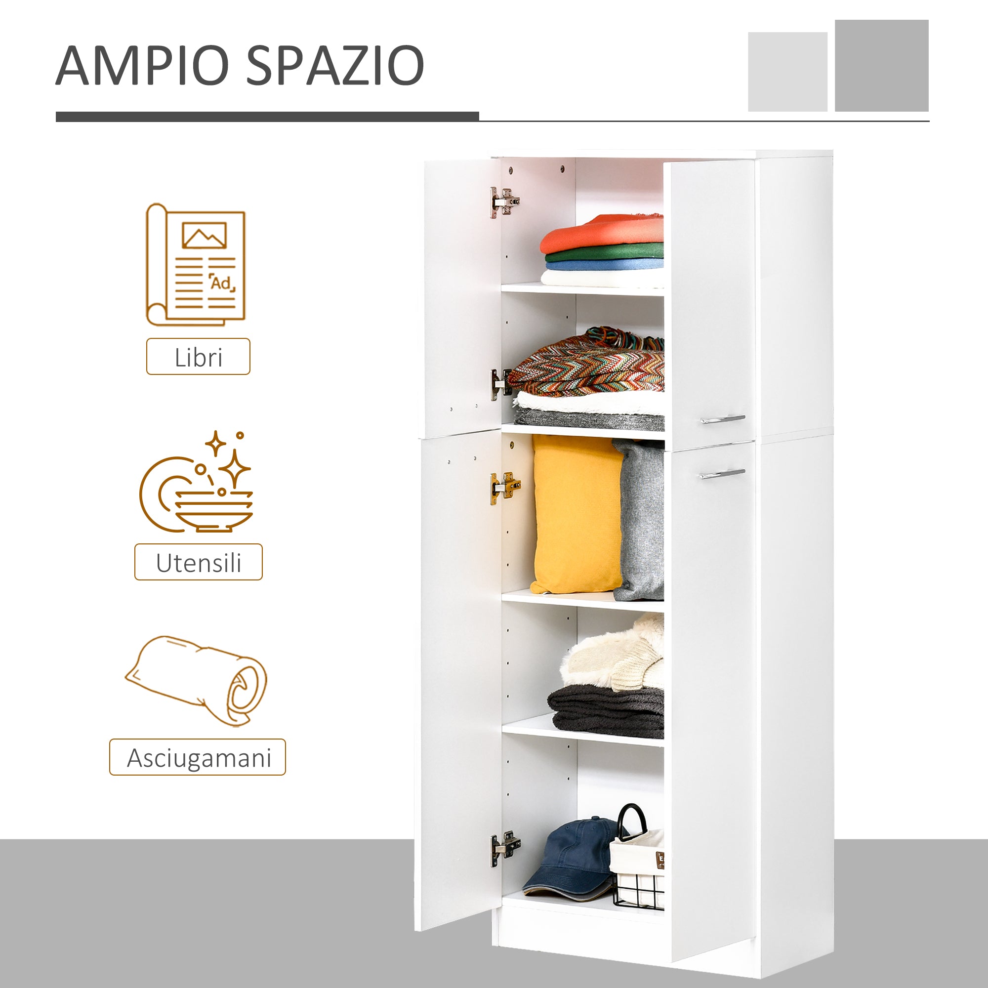 Easycomfort Mobile Dispensa Multiuso con 2 Armadietti e Mensole Regolabili, MDF, 59x31x155cm, Bianco