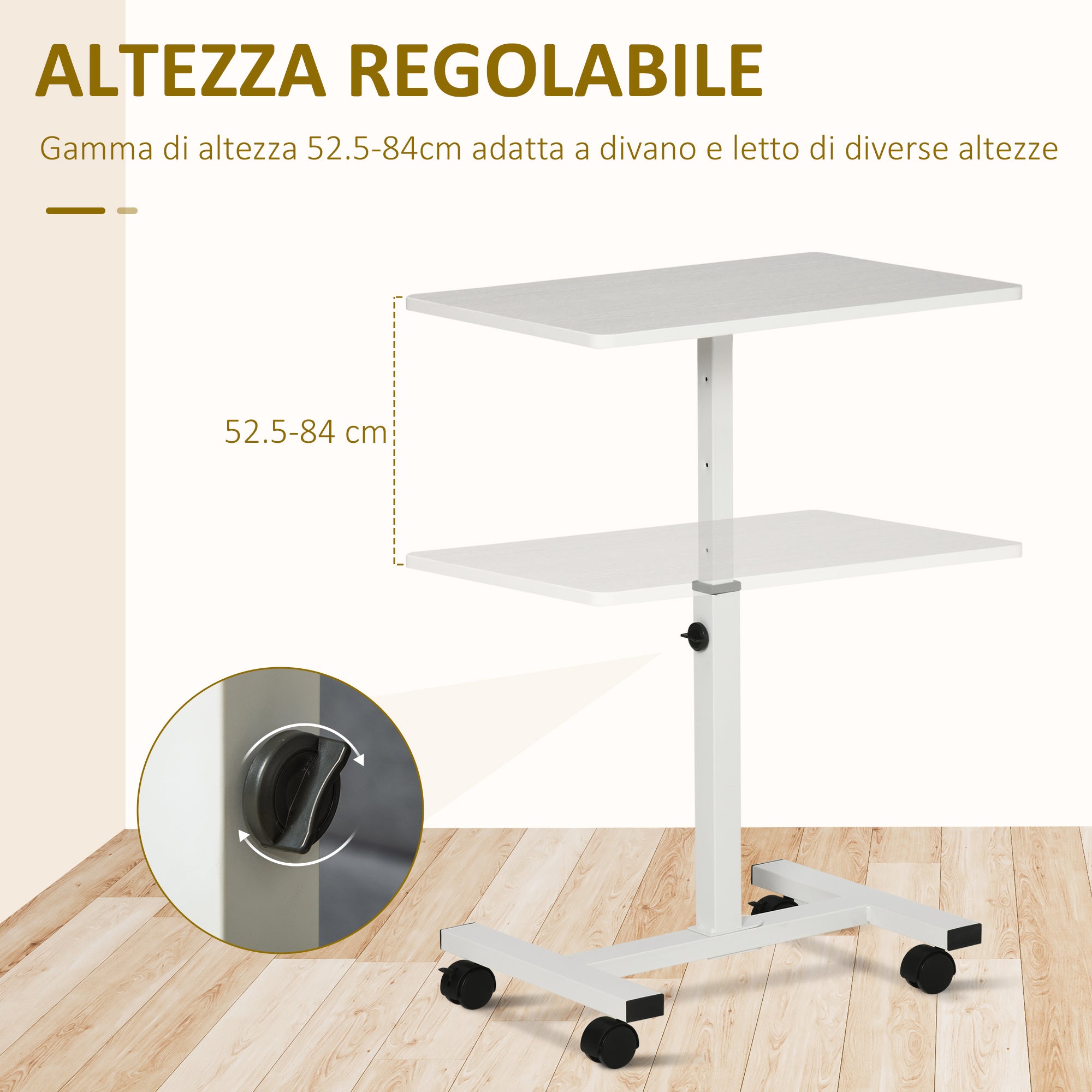 EASYCOMFORT  Tavolino Porta PC con Altezza Regolabile e Ruote, 60x40x52.5-84cm, Bianco