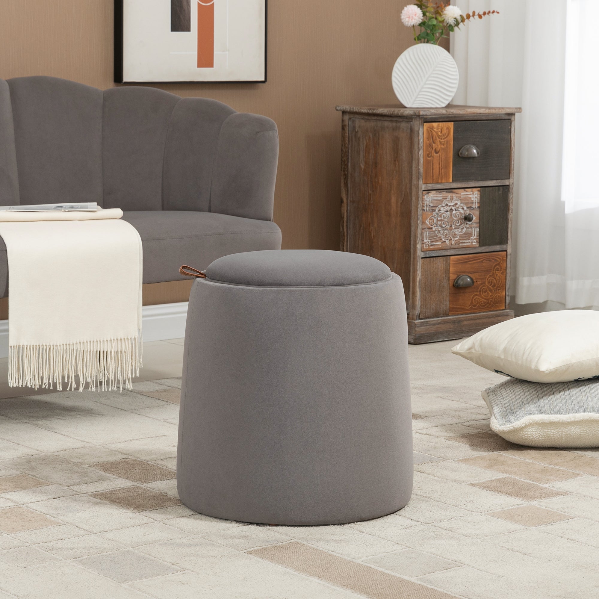 EASYCOMFORT  Pouf Contenitore in Velluto 2 in 1 Convertibile in Tavolino da Caffè, Ø44x47.5cm, Grigio