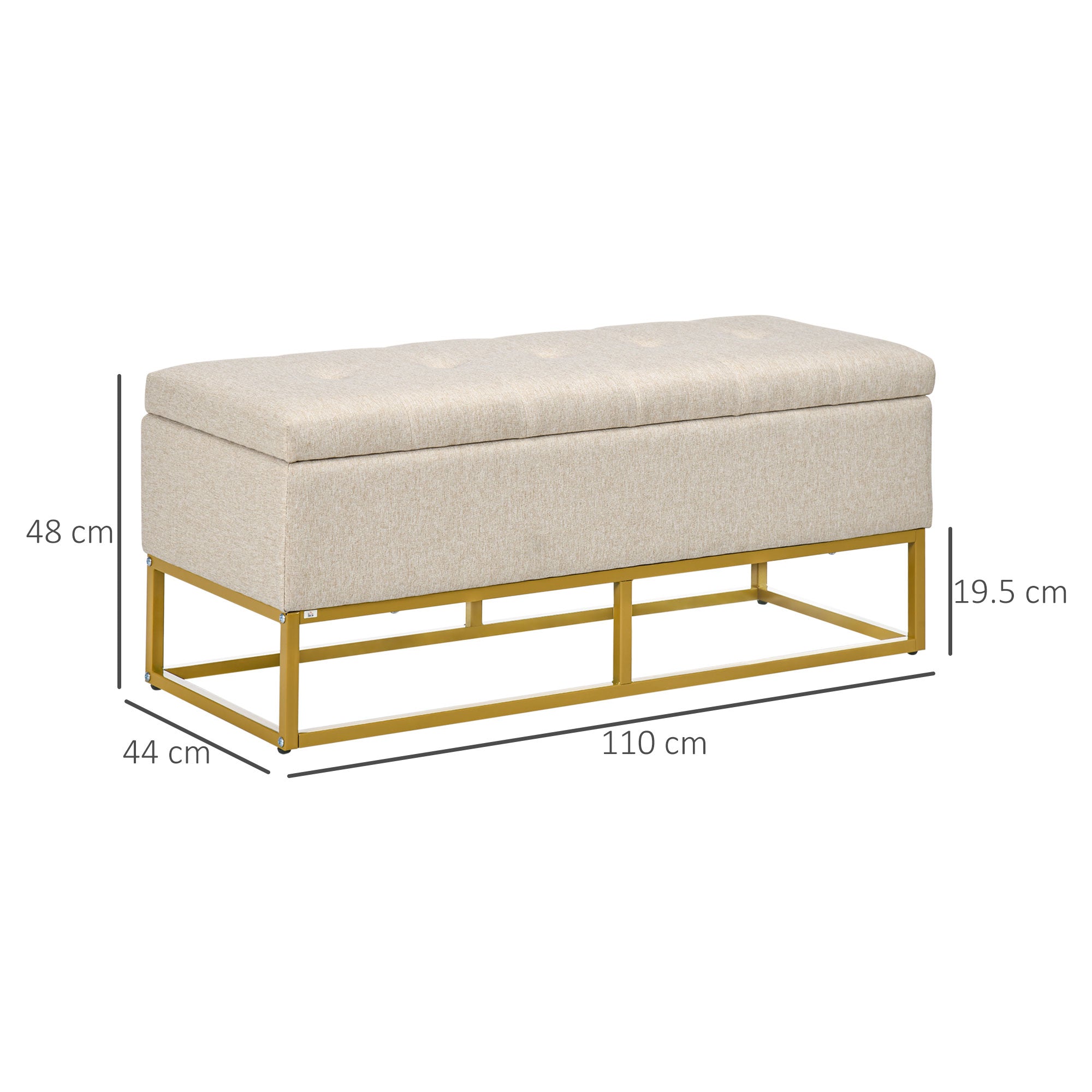 Easycomfort Panca con Contenitore in Poliestere Trapuntata con Gambe in Acciaio d'oro, 110x44x48cm, Beige