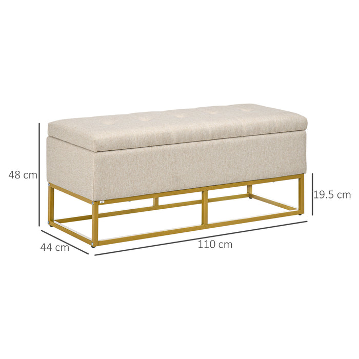 Easycomfort Panca con Contenitore in Poliestere Trapuntata con Gambe in Acciaio d'oro, 110x44x48cm, Beige